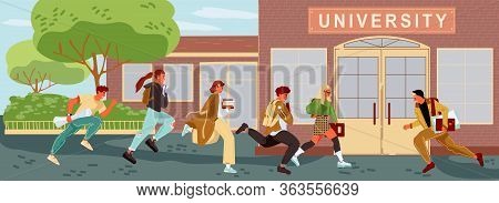 Students, Teachers Are Late To Lessons. Boys, Girls Keeping Backpacks, Books, Hurry Up, Running To U
