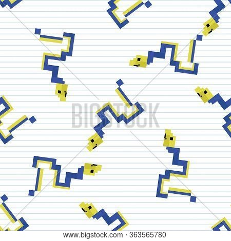 Cute Cartoon 8bit Ribbon Eel Seamless Vector Pattern. Ocean Wildlife Animal. Tropical Pixel Art All 