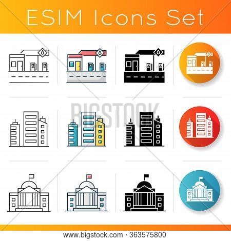 Industrial Buildings Icons Set. Gas Station For Petrol Refill. High Rise Skyscraper Complex. State I