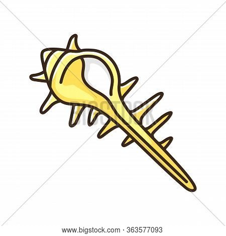 Exotic Spiked Sea Shell Yellow Rgb Color Icon. Tropical Cockleshell, Conchology Ocean Souvenir, Aqua