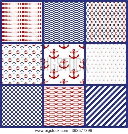 Set Of Seamless Marine Motifs Background. Chains, Anchor, Polka Dots, Spripes, Lines, Waves. Collect