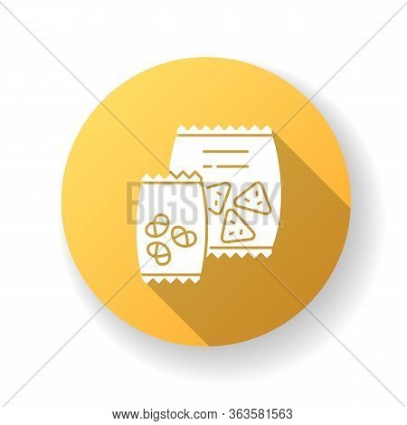 Snacks Yellow Flat Design Long Shadow Glyph Icon. Potato Chips In Bag. Salty Crackers In Packet. Unh