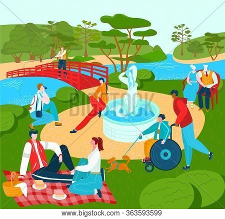 Recreation For People In Park, Summer Lyfestyle Rest Outdoor In Nature, City Sport And Leisure Vecto