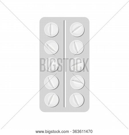 Blister with white antibiotic tablets on an isolated white background. Flat style website design, logo. Health concept of pain relief medication pain treatment, aspirin. Vector stock illustration.