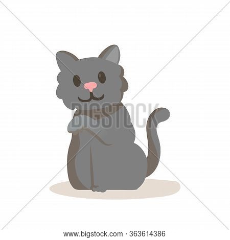 Cute Smiling Gray Kitten Cartoon Character. Flat Vector Illustration, Isolated On White Background.