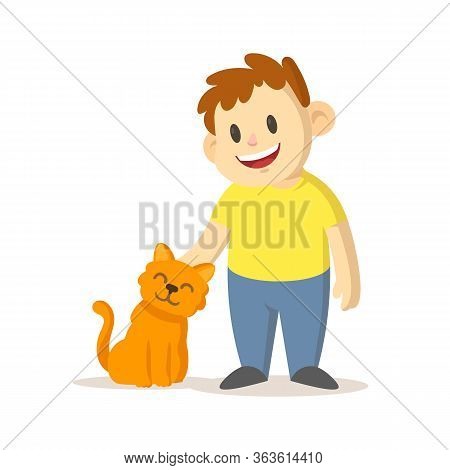 Cute Smiling Boy And His Adorable Red Kitten. Flat Vector Illustration, Isolated On White Background