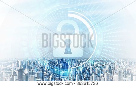 Global Cybersecurity Mixed Media With Virtual Locking Padlock On Cityscape Background. Data Cryptogr