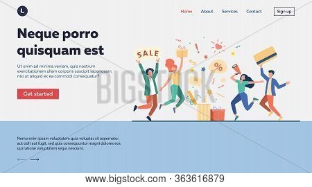 Customers Celebrating Sale. People Holding Gift, Credit Card, Loudspeaker, Dancing, Having Fun. Vect