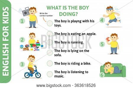 English For Kids Playcard. Present Continuous. Verbs And Numbers Game-card With Text And Cartoon Cha