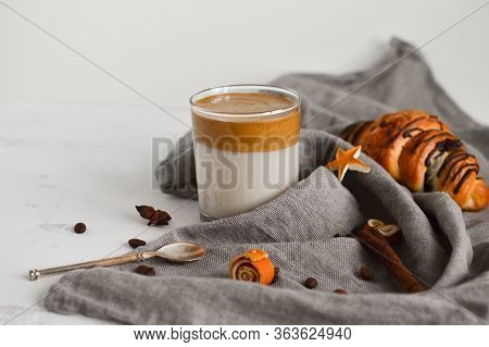 Healthy Breakfast: Cold Coffee Dalgon, Croissant And Strawberries On A White Background. The Concept