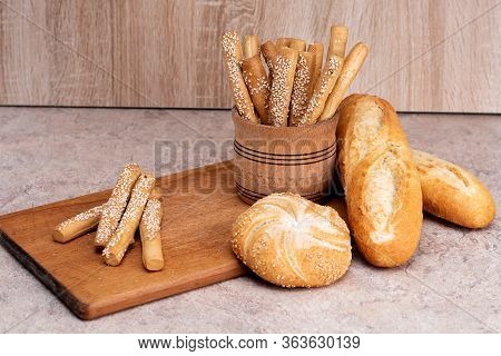 Сrisp Bread With Buns. French Baguettes. Fresh Crispbread. Bread Background. Different Breed  On Woo