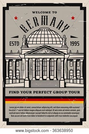 Welcome To Germany, Vector Retro Poster. Travel Agency, Berlin Group City Tours And German Landmarks