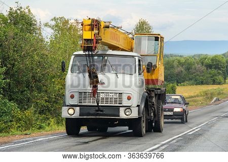 Bashkortostan, Russia - July 24, 2012: Soviet Truck Maz 5335 Mounted Mobile Crane Ivanovets At The I