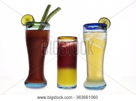 Three Refreshing Drinks White Background, Clamato, Michelada Beer