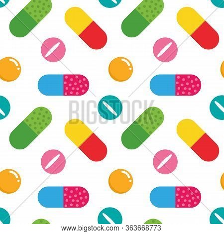 Colorful Pills, Vitamins, Food Suppliments Vector Cartoon Style Seamless Pattern Background.