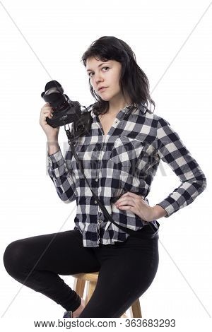 Young Female Art Student Holding A Dslr Camera And Studying To Be A Professional Or Amateur Photogra