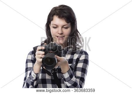 Young Female Art Student Holding A Dslr Camera And Studying To Be A Professional Or Amateur Photogra