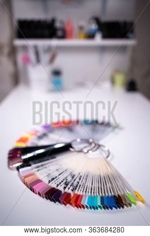 Manicure Artist Making Nail Polish Procedure With Color Laquer Palette