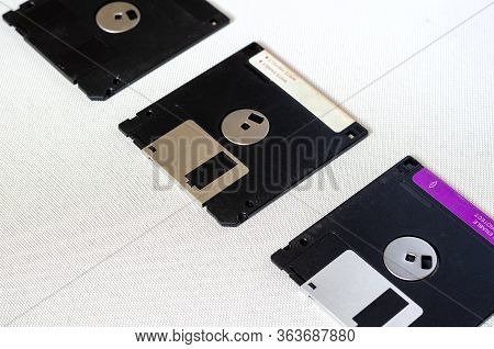 3.5 Inch Magnetic Floppy Disks. Three Floppy Disks With A Capacity Of 1.44 Mb. Obsolete Digital Data