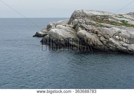 Brink Of Shore Of Wild Little Island With Smooth Light Rocks And Green Moss In Calm Blue  Arctic Oce