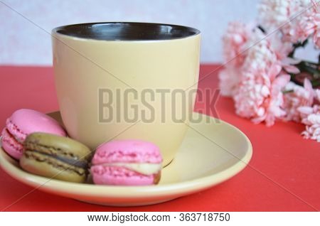 Beige Cup Cappuccino Beautiful White-pink Aster Flowers On A Red Background. Good Morning. Greeting 