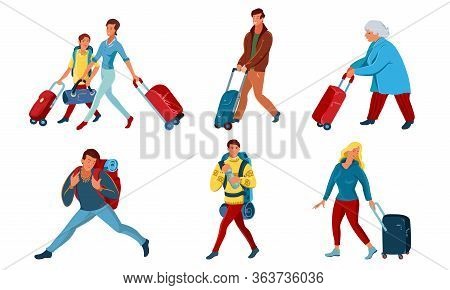 Women And Men Travelling Around World With Backpacks And Suitcases