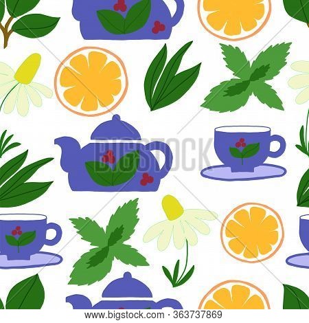 Seamless Vector Pattern On A White Background Of A Cup, Teapot, Tea Leaves, Mint And Chamomile. For 