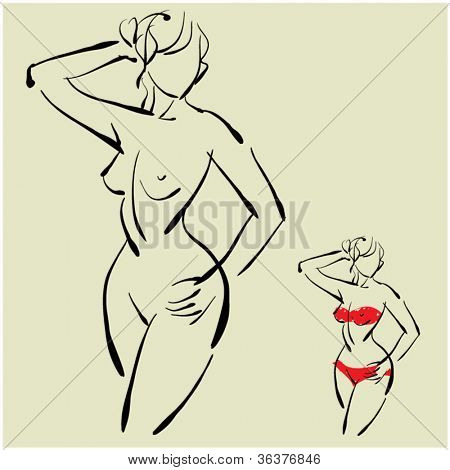 Fondo de arte con la hermosa joven en bikini sketch vector