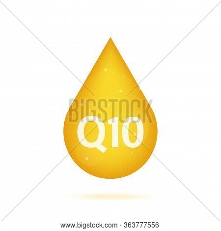 Coenzyme Q10. Gold Vector Oil Icon. Enzyme Drop Pill Capsule. Vector Stock Illustration.
