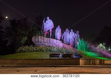 New Delhi / India - September 16, 2019: Dandi March Statue Illuminated At Night, Commemorating The S
