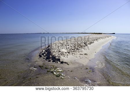 Sandy Kinburn Spit, Ukraine. Beautiful Summer Landscape - Estuary And The Black Sea, Background
