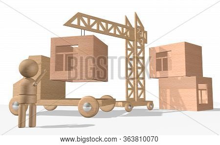 3d Rendering Construction Scene With Truck, Blocks And Crane