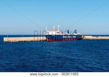 Rhodes, Greece - May 15, 2018. Creta Cargo Lines Ship Docking At The Port Of Rhodes, Greece.