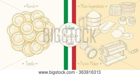 Italian Food Pasta With Filling Ravioli Tondo, Sketching Illustration In The Vintage Style