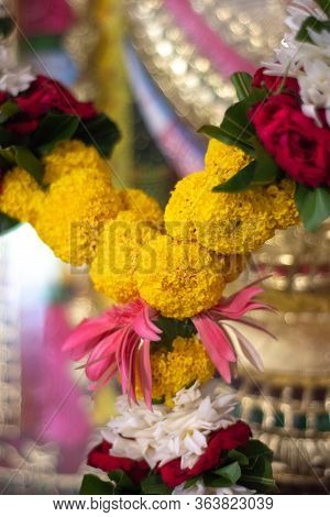Flower Garland, Decorative Wreath Of Flowers, At Hindu Temple In New Delhi, India