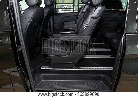 Novosibirsk/ Russia - April 28 2020:  Mercedes-benz V-class,  Rear Seat For Passengers In Black Leat
