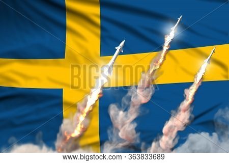 Modern Strategic Rocket Forces Concept On Flag Fabric Background, Sweden Nuclear Missile Attack - Mi