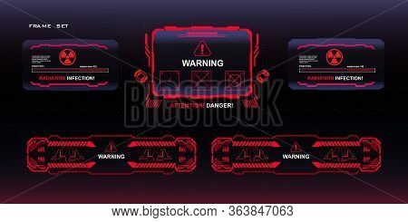 Attention Danger The Threat Of Radiation Infection Set Of Red Frames And Pop-up Screens On Black Bac