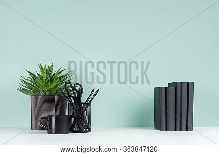 Spring Interior - Workplace With Black Stationery, Books, Green House Plant, Coffee Cup, Aloe Plant 