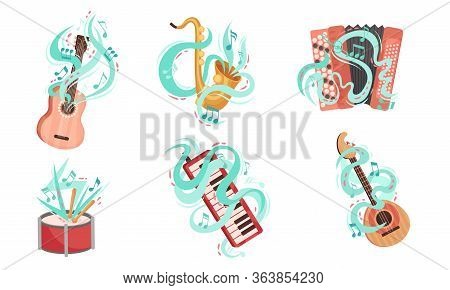 Musical Stringed And Wind Instruments With Decorative Swirling Lines Vector Set