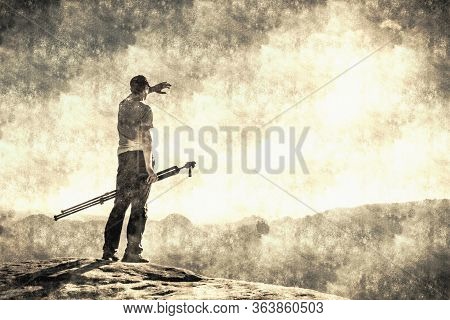 Professional Photographer Use Mirror Camera And Tripod On Peak Of Rock. Man Check Opportunity,amazin