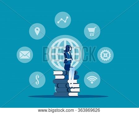 New Business Person On The Books. Business Learning Concept, Activity, Flat Cartoon Vector Style Des