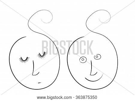 Abstract Boy And Girl - Doodle Vector Illustration, Line Art