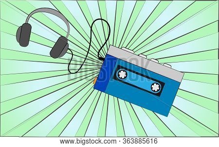 Retro Old Antique Hipster Music Music Player With Headphones From The 70s, 80s, 90s, 2000s Against A