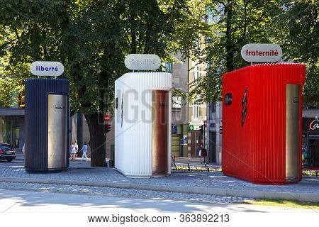 Oslo, Norway - 01 Aug 2014: Public Toilets At Spikersuppa Park With Colours Of French National Flag