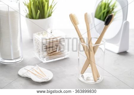Without Plastic Concept. Eco Friendly Bathroom Accessories. Bamboo Toothbrushes, Cotton Pads And Cot
