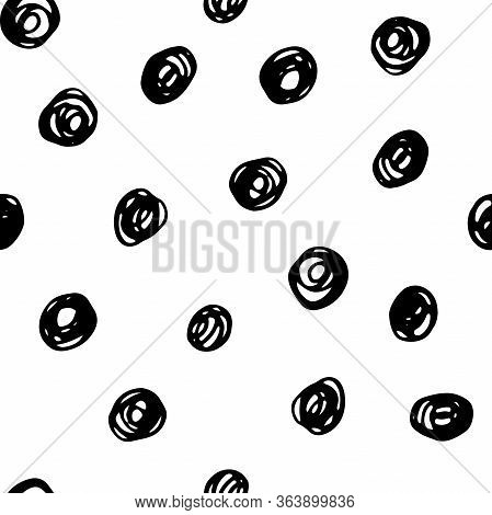Seamless Polka Dot Pattern. Black Outline Messy Hand-drawn Circles Isolated On White Background. Neu