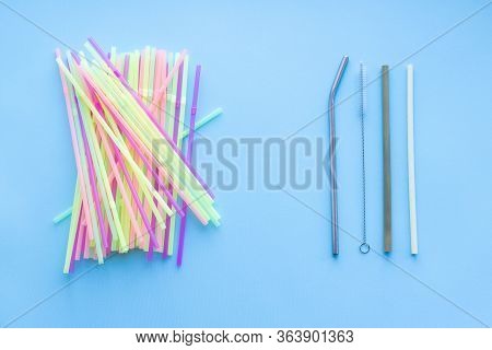 Many Plastic Drinking Straws Vs One Reusable Metal Or Bamboo Drinking Straw And Cleaning Brush On A 