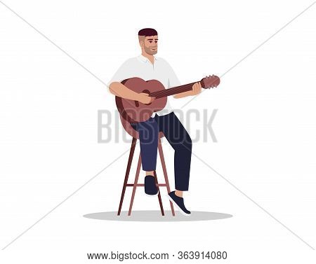 Musician Play Acoustic Guitar Semi Flat Rgb Color Vector Illustration. Classical Music Performance. 
