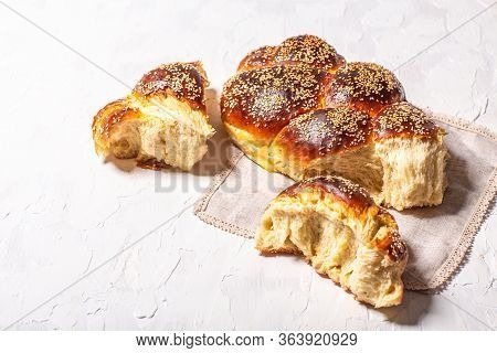 The Concept Of Oriental Cuisine. National Israel Festive Jewish Challah Bread Made From Yeast Dough 